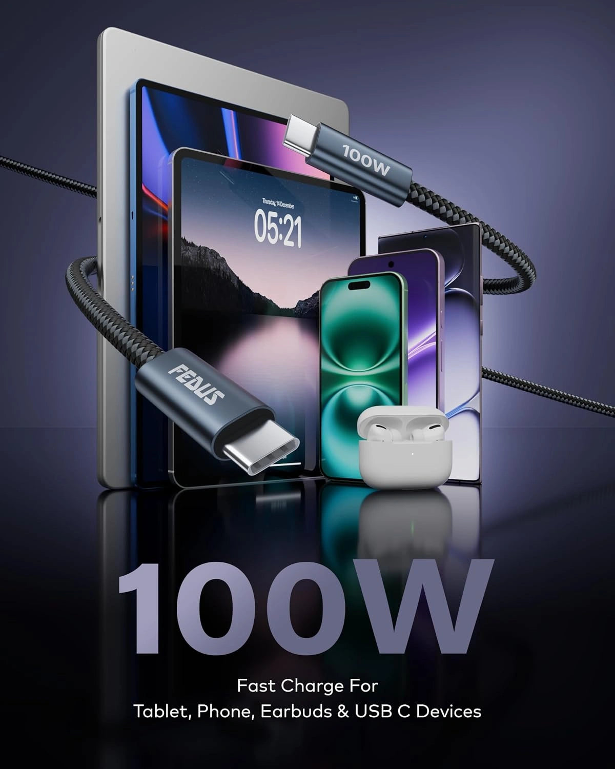 A 100W fast-charging USB-C cable by FEUSIS shown with multiple electronic devices including a tablet, smartphone, earbuds case, and another phone on a dark reflective studio background.