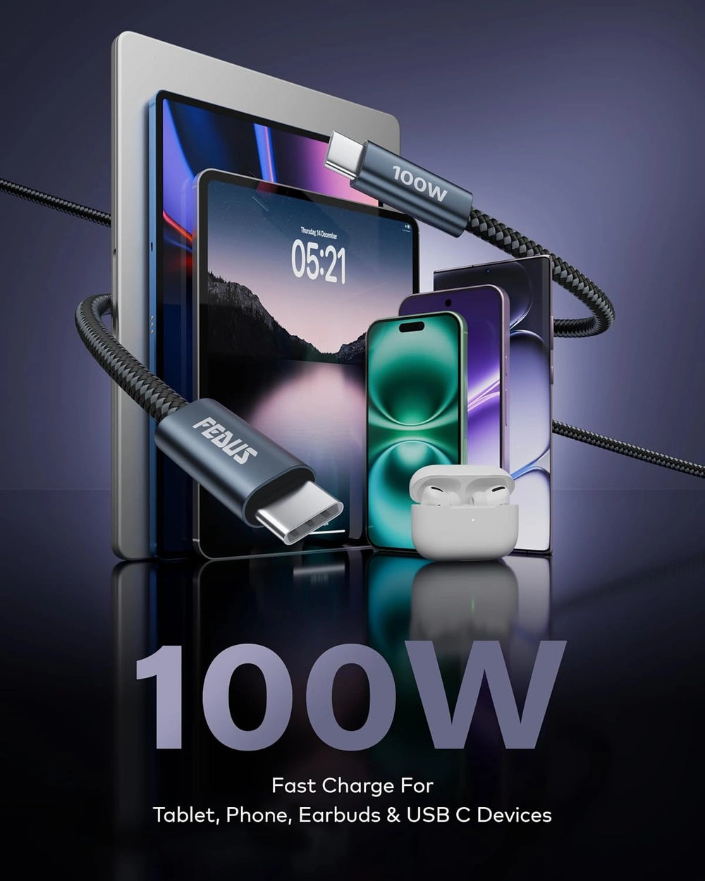 A 100W fast-charging USB-C cable by FEUSIS shown with multiple electronic devices including a tablet, smartphone, earbuds case, and another phone on a dark reflective studio background.