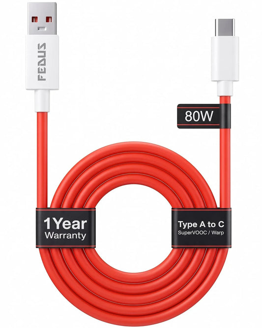 FEDUS ZETTA 1M Red 80W Type C Cable SuperVOOC Fast Charging Cable for Mobile 7.3A USB A to C Data Cable (480Mbps) Warp/Dash Supported for OnePlus 13/12/11/Nord, Oppo/Vivo/Realme FEDUS