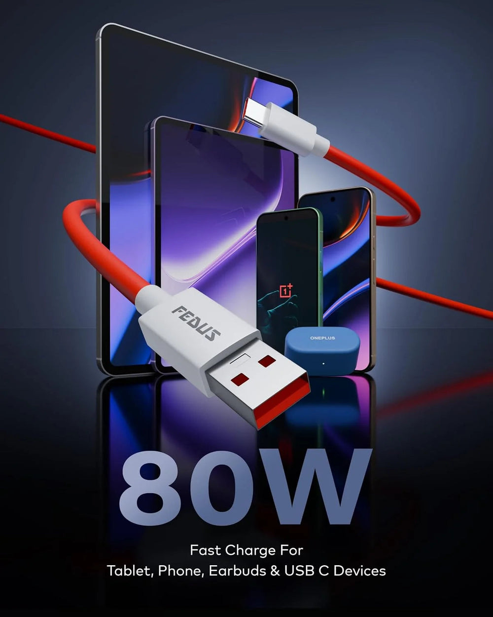 FEDUS ZETTA 1M Red 80W Type C Cable SuperVOOC Fast Charging Cable for Mobile 7.3A USB A to C Data Cable (480Mbps) Warp/Dash Supported for OnePlus 13/12/11/Nord, Oppo/Vivo/Realme FEDUS