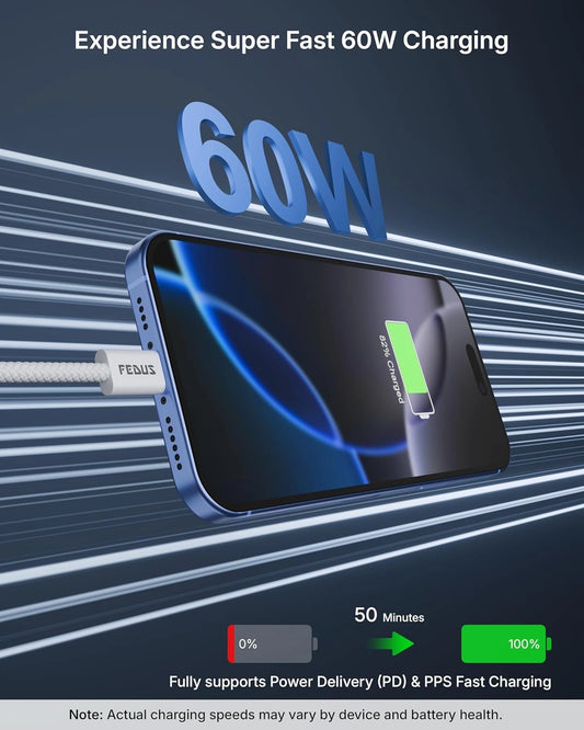 Phone with charging cable and '60W' text on a dark blue background