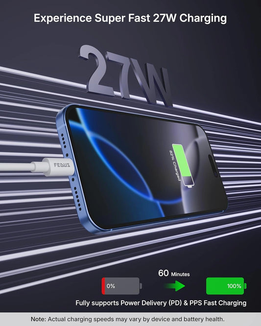Phone with charging cable displaying 27W fast charging on a dark background