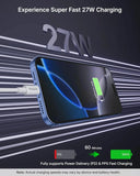 Phone with charging cable displaying 27W fast charging on a dark background