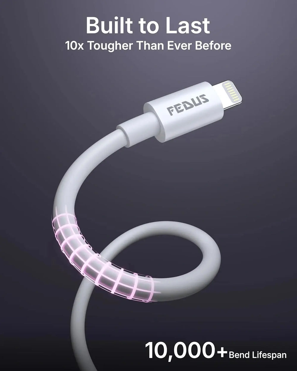 White charging cable with 'FEDUS' branding on a dark background, highlighting durability.