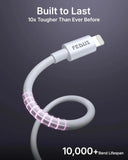 White charging cable with 'FEDUS' branding on a dark background, highlighting durability.