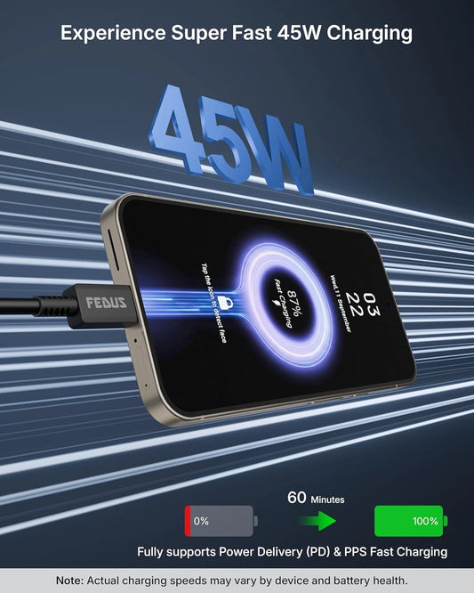 Phone with charging cable displaying 45W charging speed on a blue and white background