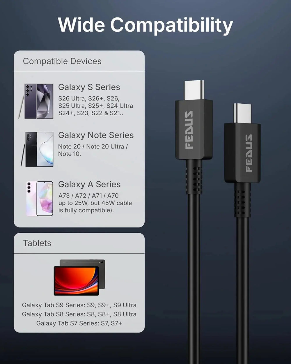 Feduus cable with compatibility list for Samsung devices on a dark blue background
