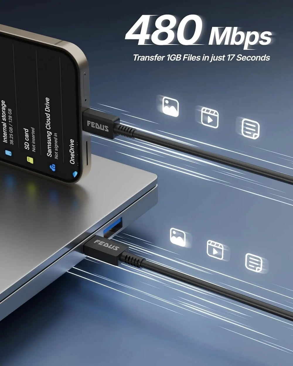 USB drive connected to a laptop with text indicating transfer speed and file size.