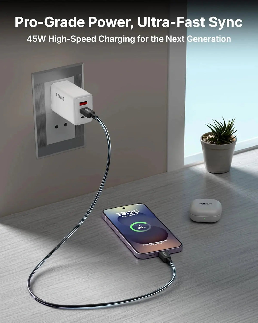 Philips charging adapter with smartphone on a wooden surface, text 'Pro-Grade Power, Ultra-Fast Sync'.
