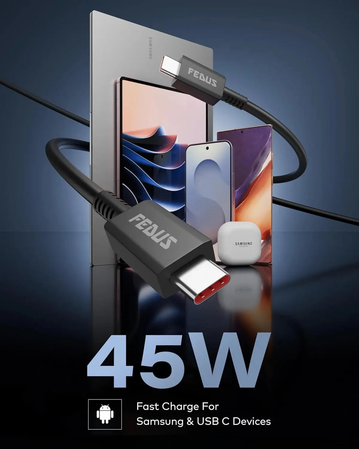 FEDUS USB-C cable with smartphone and accessories on a reflective surface