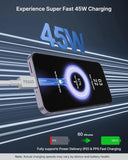 Smartphone with charging cable displaying 45W charging speed on a blue and white background.