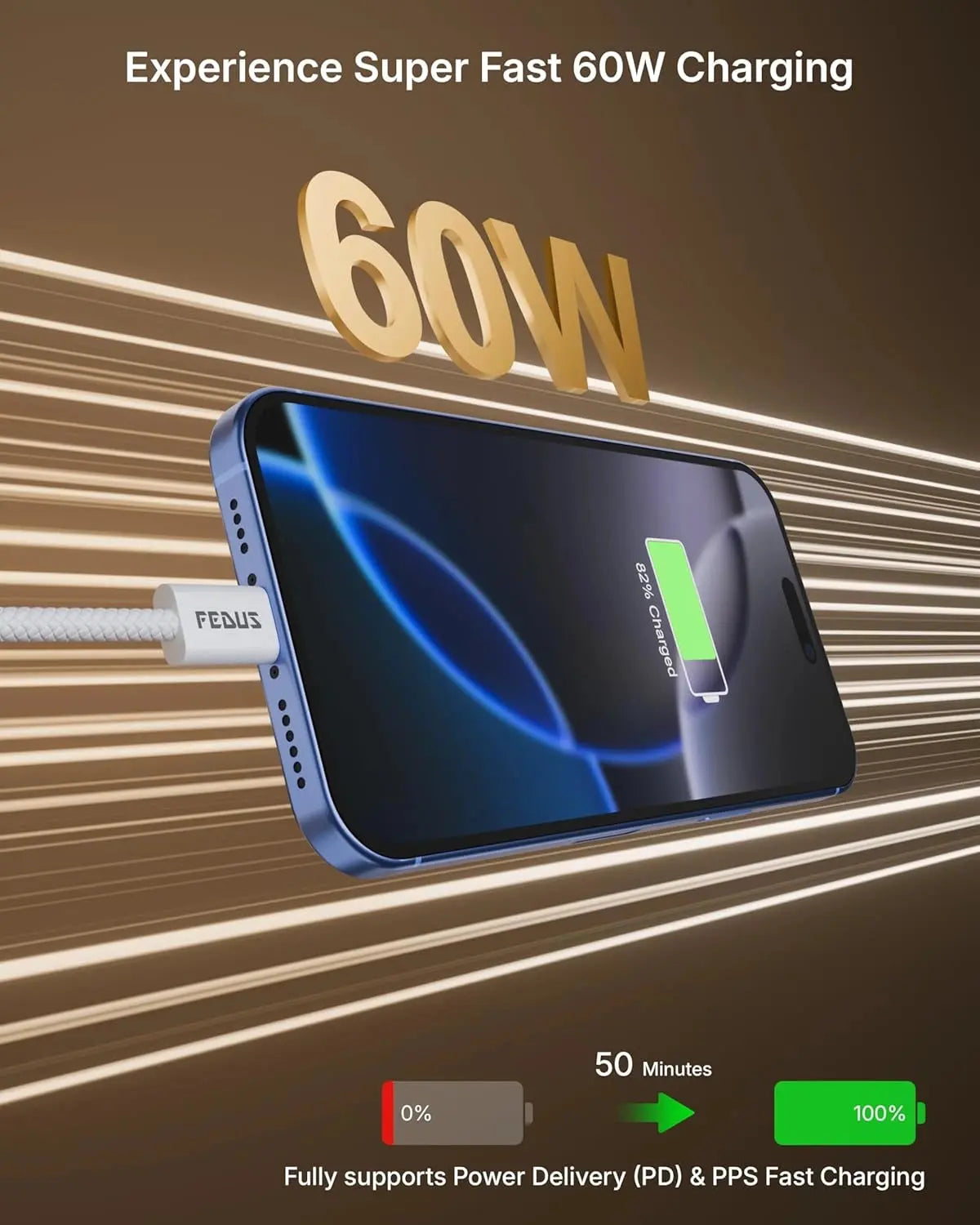 Smartphone with charging cable on a brown background with '60W' text