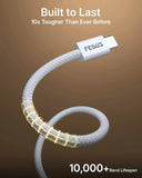 White braided cable with USB-C connector on a brown background, featuring the brand 'FEDUS'.