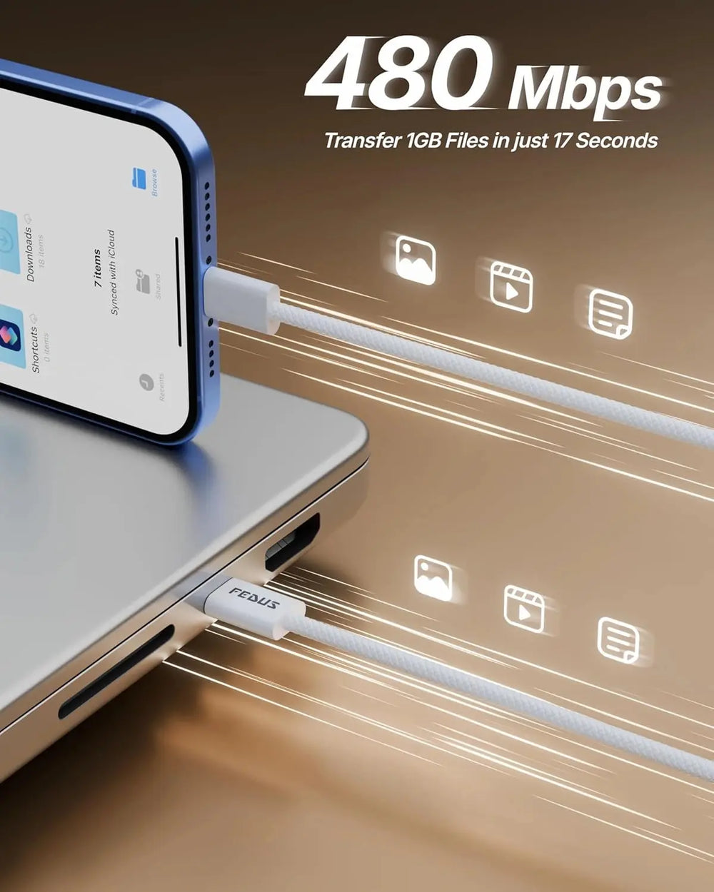 Phone connected to a laptop with a cable, showcasing data transfer speed on a brown background.