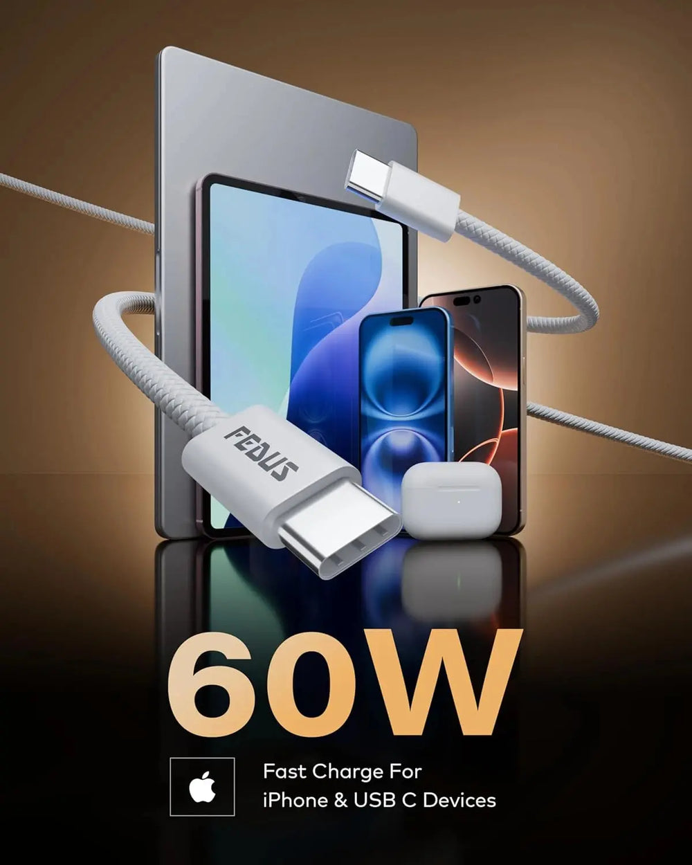 Fusion cable with 60W fast charging capability for iPhone and USB-C devices on a reflective surface.