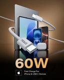 Fusion cable with 60W fast charging capability for iPhone and USB-C devices on a reflective surface.