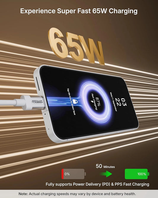 Phone with charging cable displaying 65W charging speed on a brown background