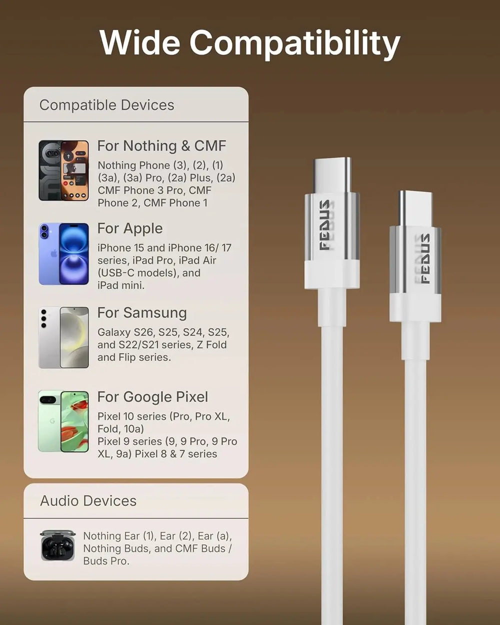 FEBUS cable with compatibility list for various devices on a brown background