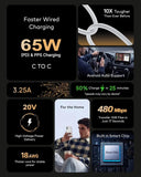 Product features including faster wired charging, toughness, and connectivity options on a black background.