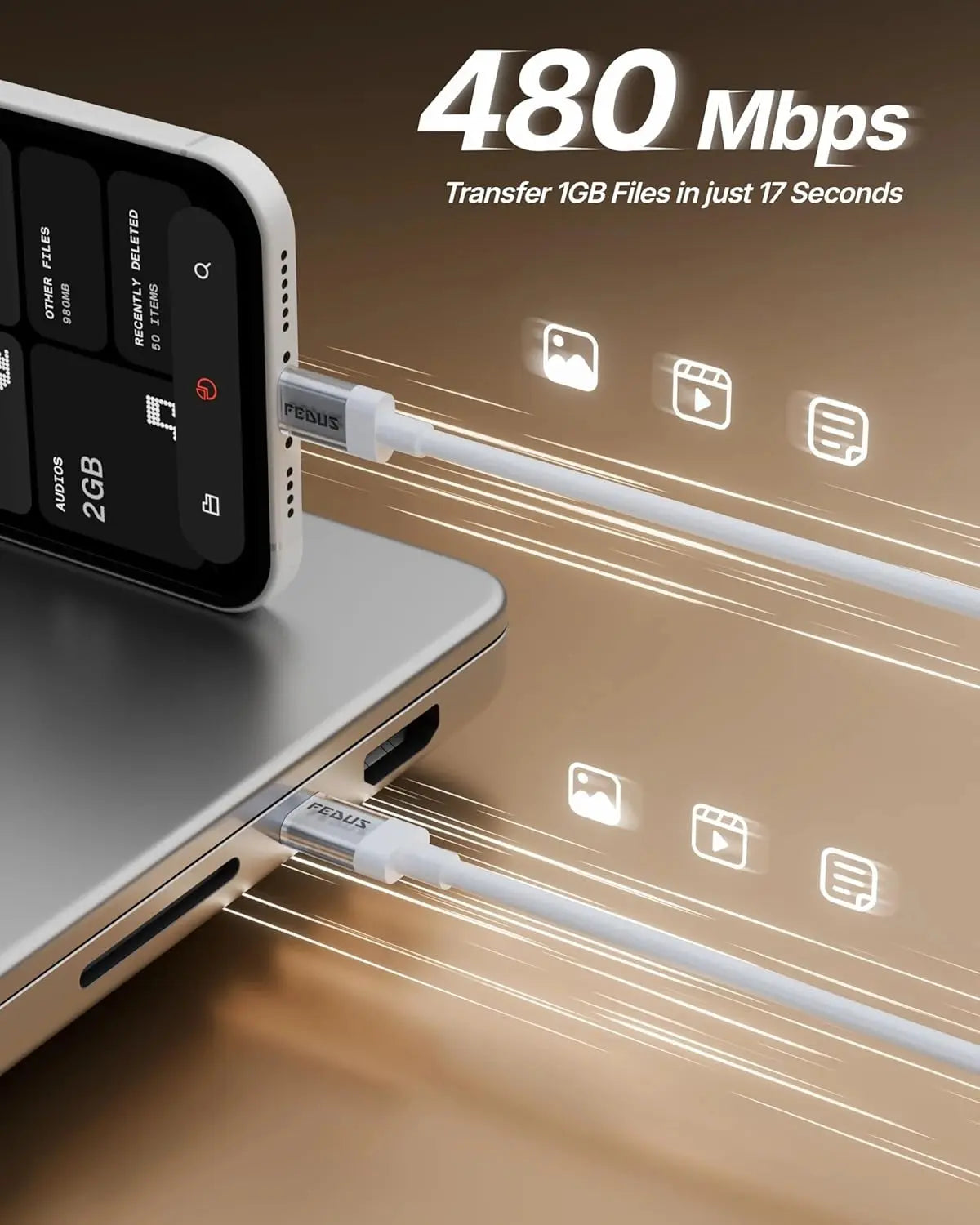 USB cable connected to a smartphone with text indicating data transfer speed on a brown background