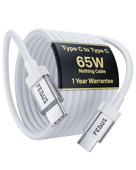 FEDUS Zetta 65W USB C to USB C PD PPS Fast Charging Cable for iPhone, Samsung, Nothing, MacBook & Android Auto White 1M Cord