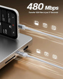 USB cable connected to a smartphone with text indicating data transfer speed on a brown background