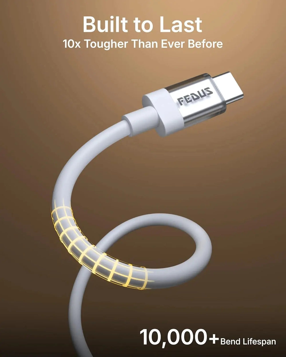 FEDUS cable with 'Built to Last' text on a brown background