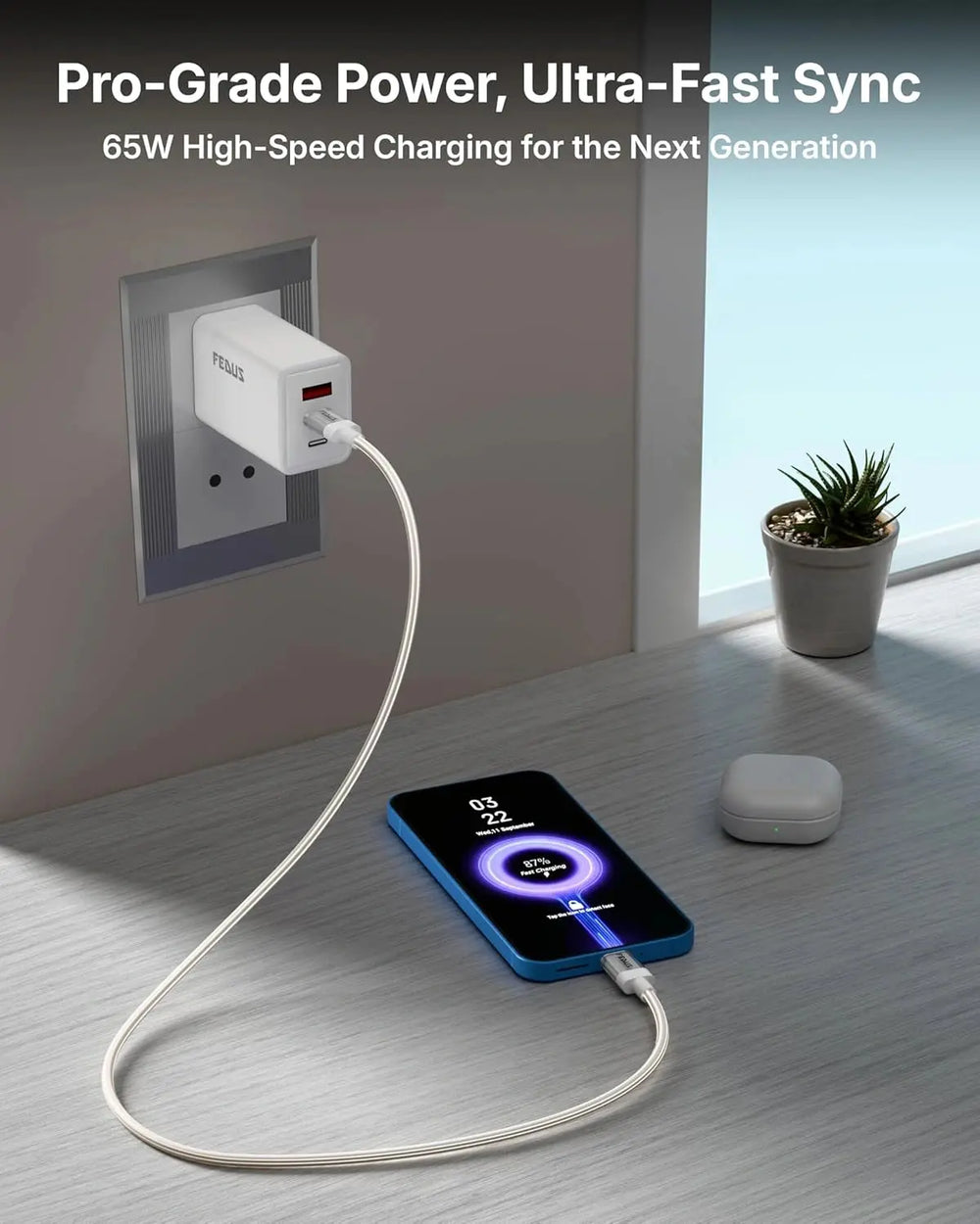 Phone being charged with a power adapter, text about high-speed charging.