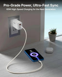 Phone being charged with a power adapter, text about high-speed charging.