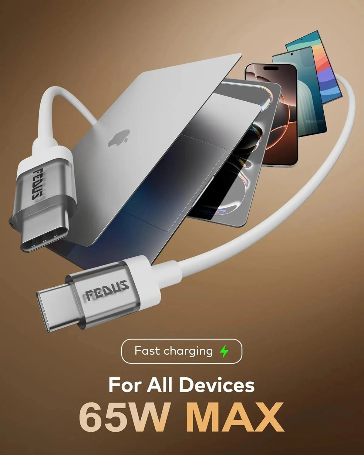 Fedus charging cable with multiple devices on a brown background