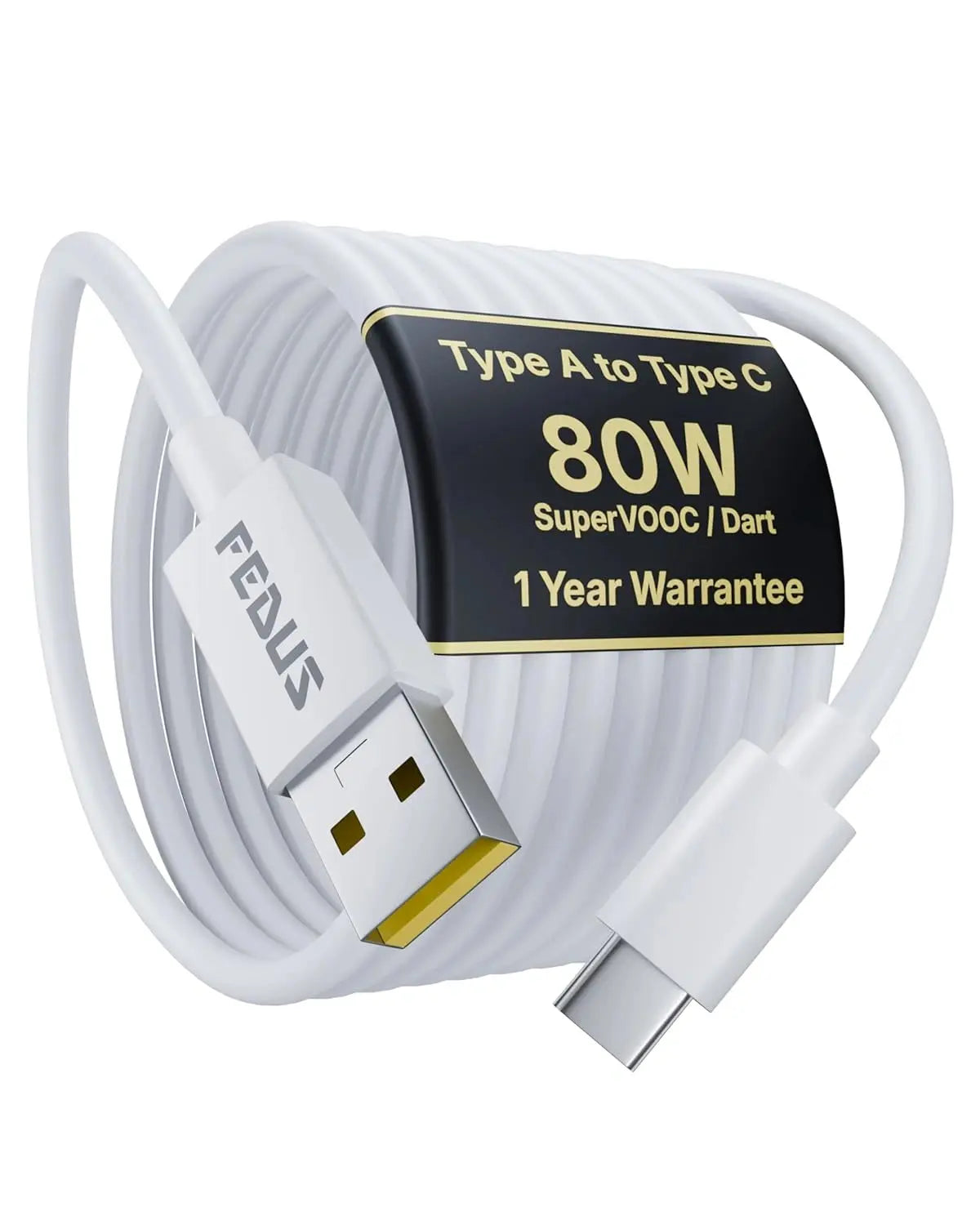 FEDUS ZETTA 80W USB A to Type C Fast Charging Cable for Realme, Oppo & OnePlus SuperVOOC Phones, 1M White Data Sync Cord
