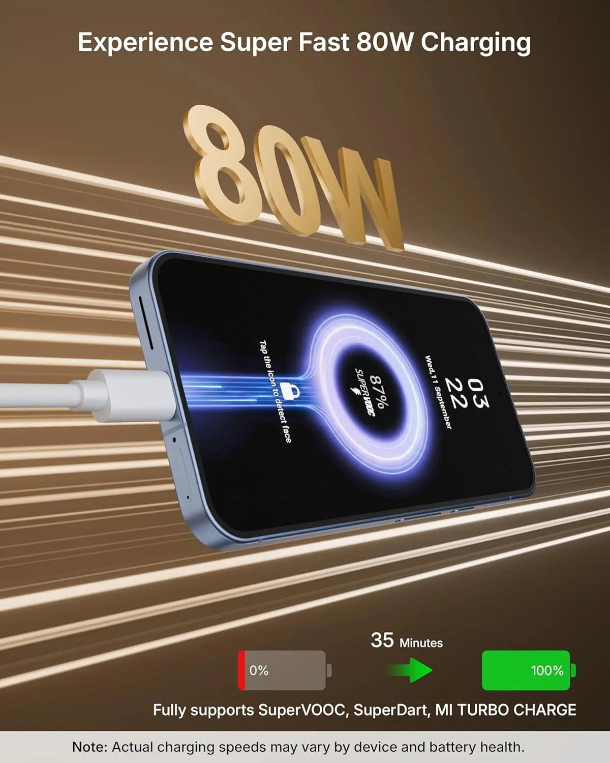 Smartphone with charging cable displaying 80W charging speed on a brown background
