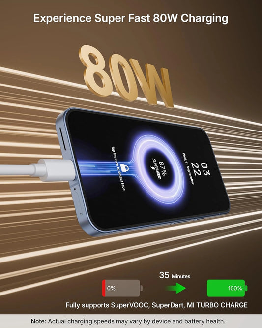 Smartphone with charging cable displaying 80W charging speed on a brown background