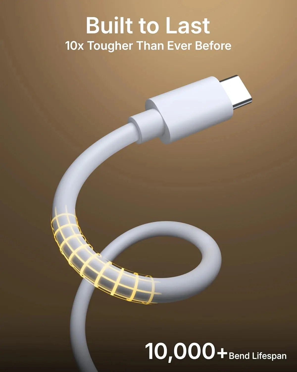 White cable with USB-C connector on a brown background, featuring text about durability.