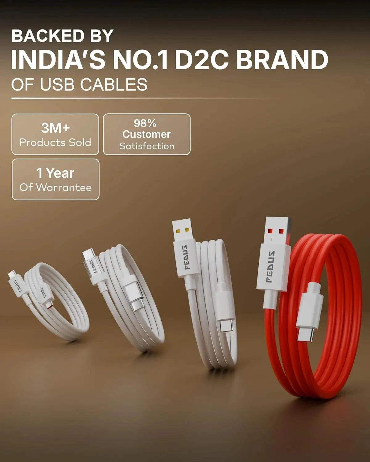 USB cables with branding on a brown background, highlighting product features.