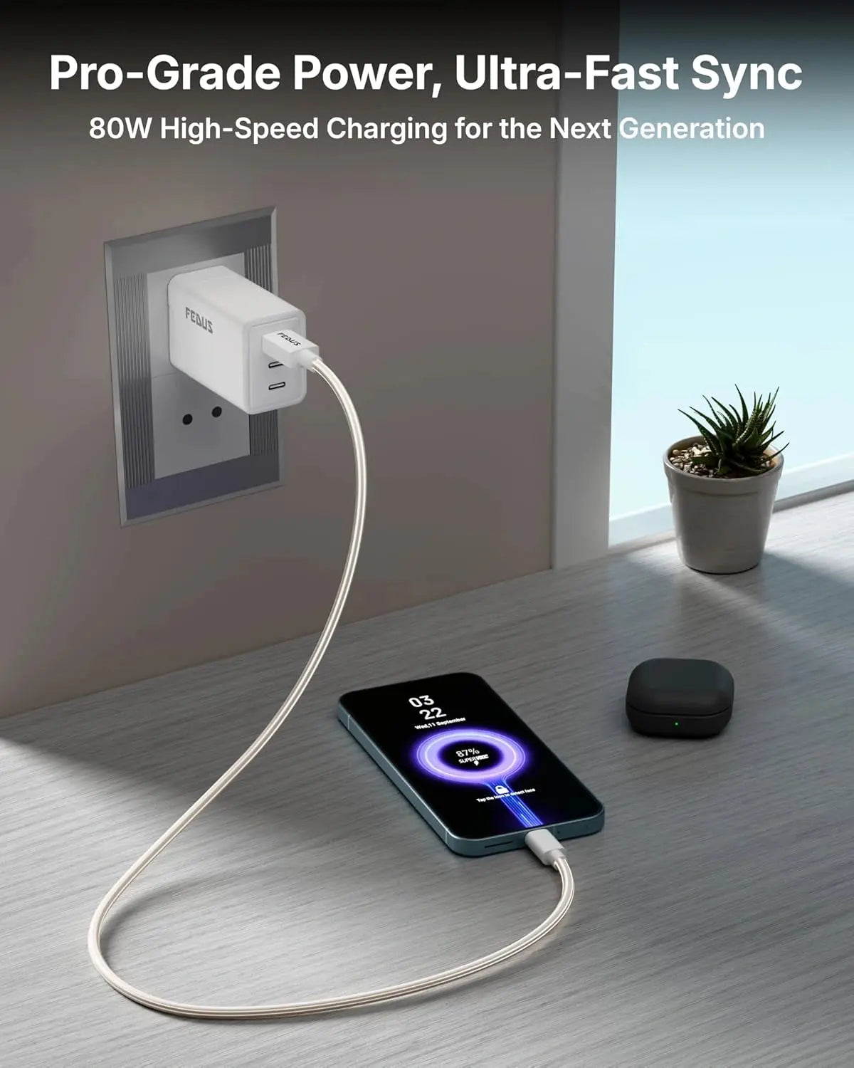 Phone charging with a power adapter on a wooden surface, with text about pro-grade power and ultra-fast sync.
