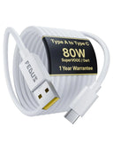 FEDUS ZETTA 80W USB A to Type C Fast Charging Cable for Realme, Oppo & OnePlus SuperVOOC Phones, 1M White Data Sync Cord