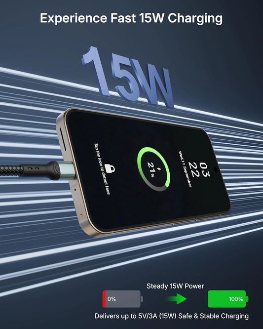 Phone with charging cable displaying 15W charging speed on a blue and white striped background
