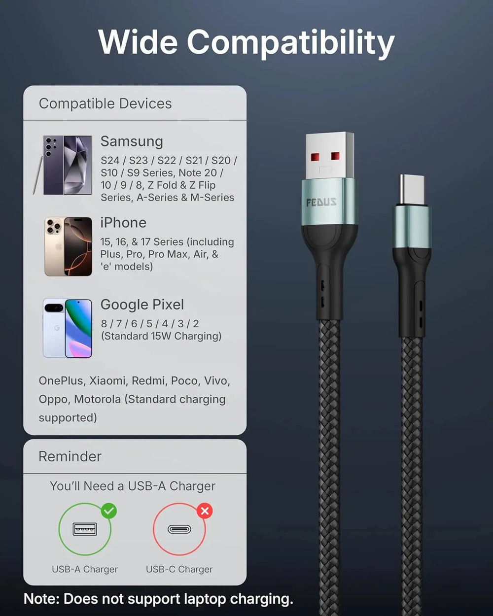 USB charging cable with compatibility list on a dark background