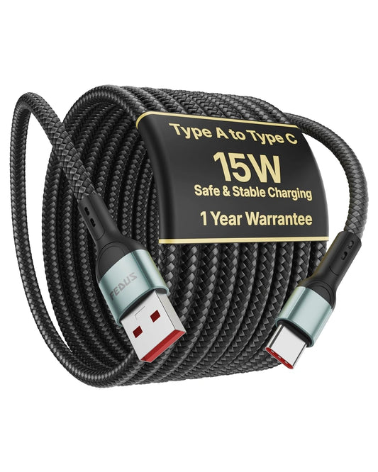 FEDUS ZETTA 15W 3A USB A to Type C Fast Charging Braided Data Cable for Samsung, iPhone 15/16, Pixel & Android Auto Devices 1M Black