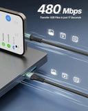 USB cable connecting a smartphone to a laptop with text indicating 480 Mbps transfer speed.