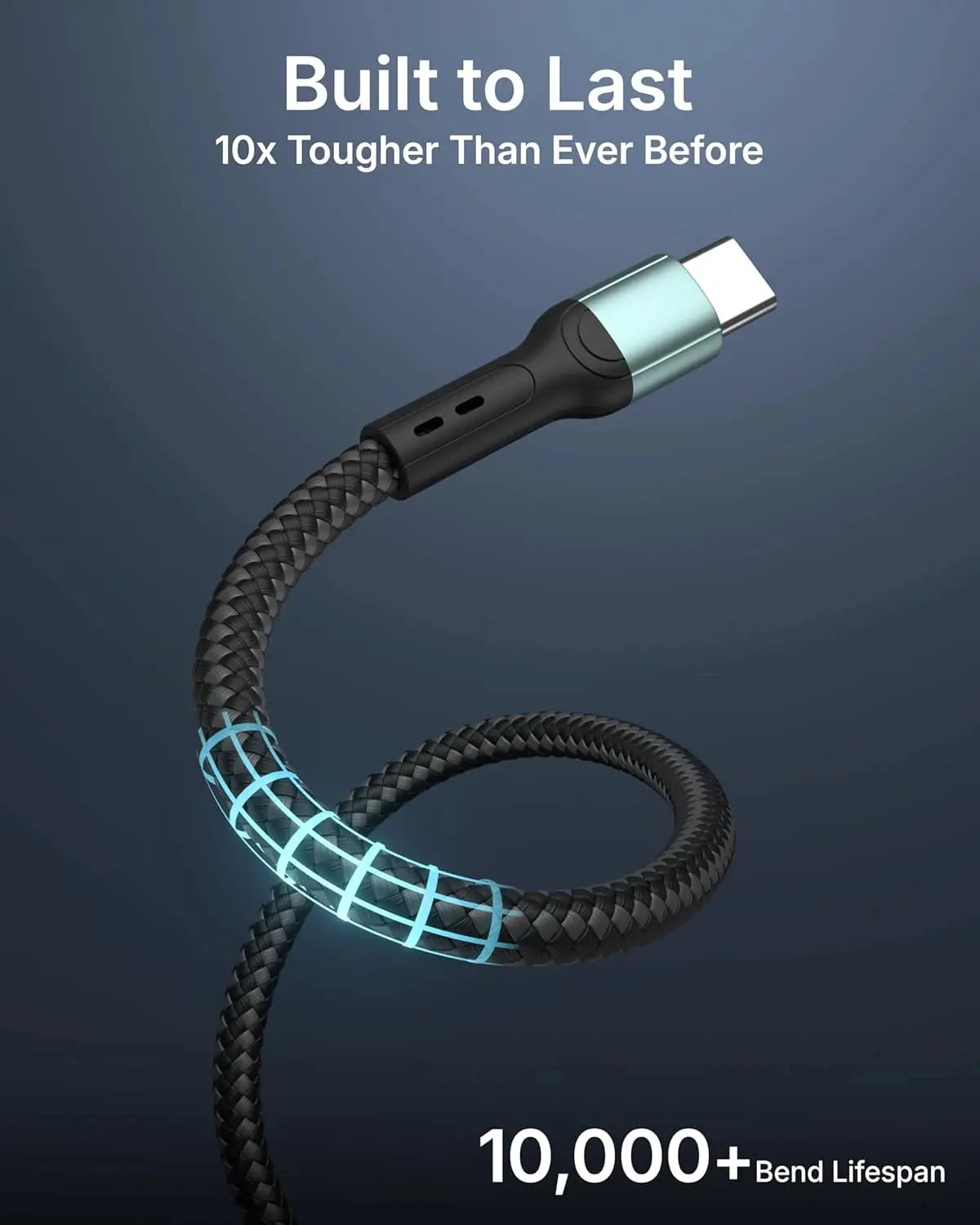 Tough USB cable with braided design on a dark background