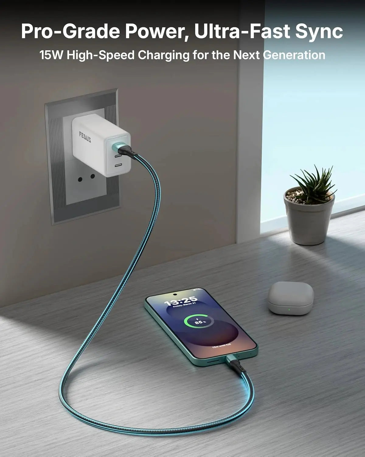 Phone being charged with a cable plugged into a wall outlet, with text about power and sync speed.