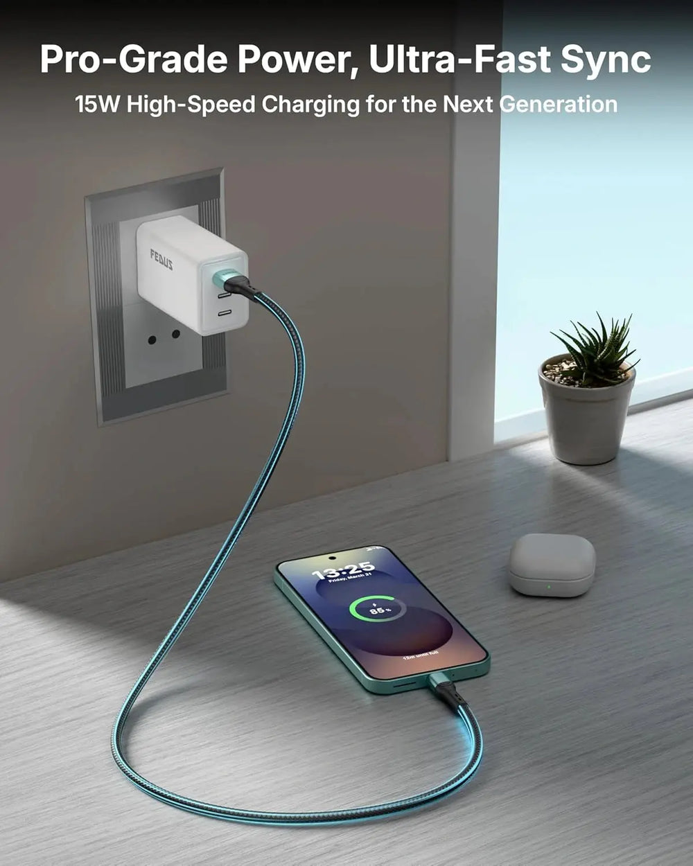Phone being charged with a cable plugged into a wall outlet, with text about power and sync speed.