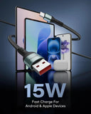 USB cable with devices on a reflective surface, highlighting 15W fast charging capability for Android and Apple devices.