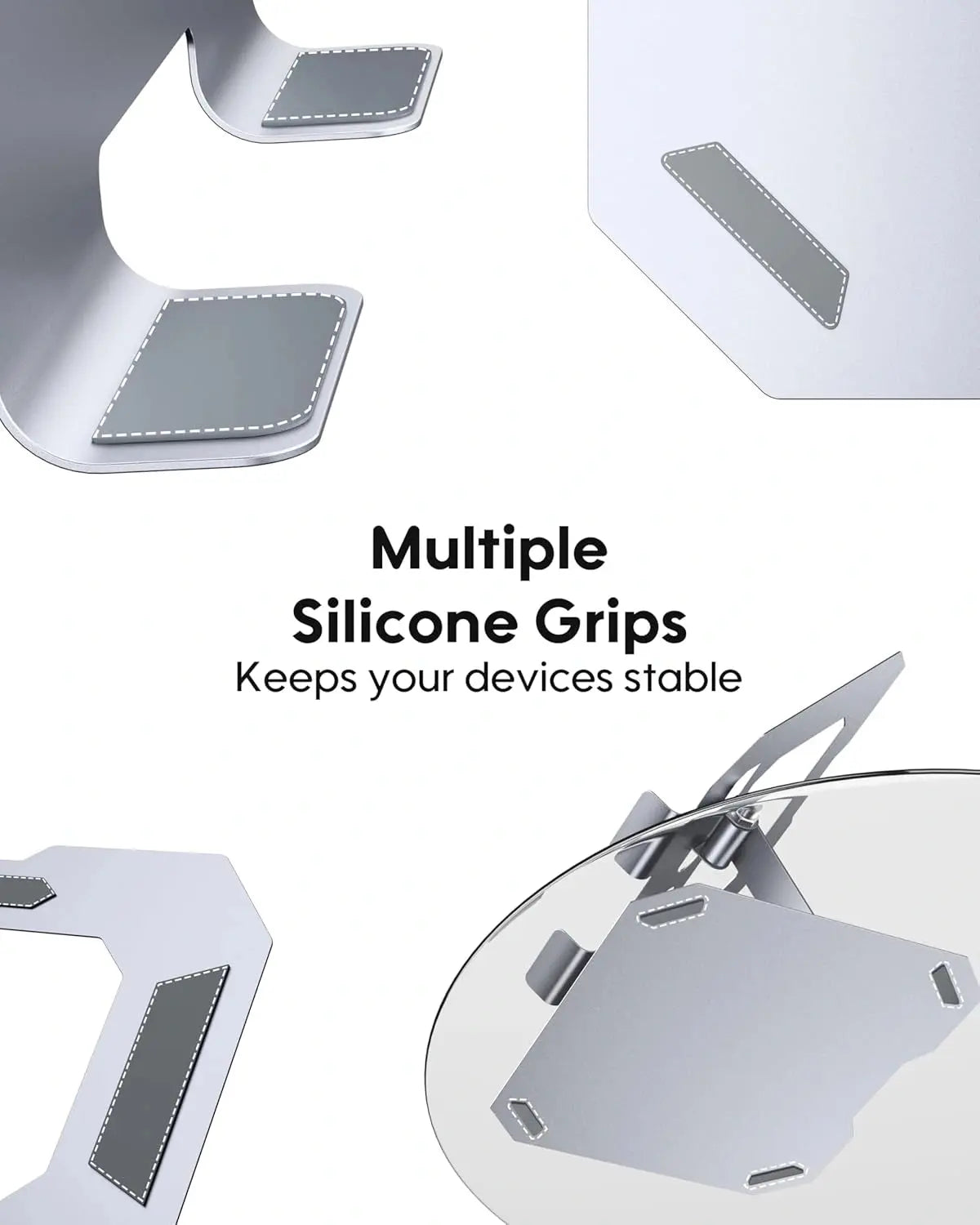 Silicone grips for device stabilization on a white background with text.