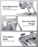 Metal stand with dual metal arm, ultra-durable hinges, and fully metal build features.