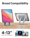 Tablet stand with compatibility for 4-13" devices on a wooden surface.