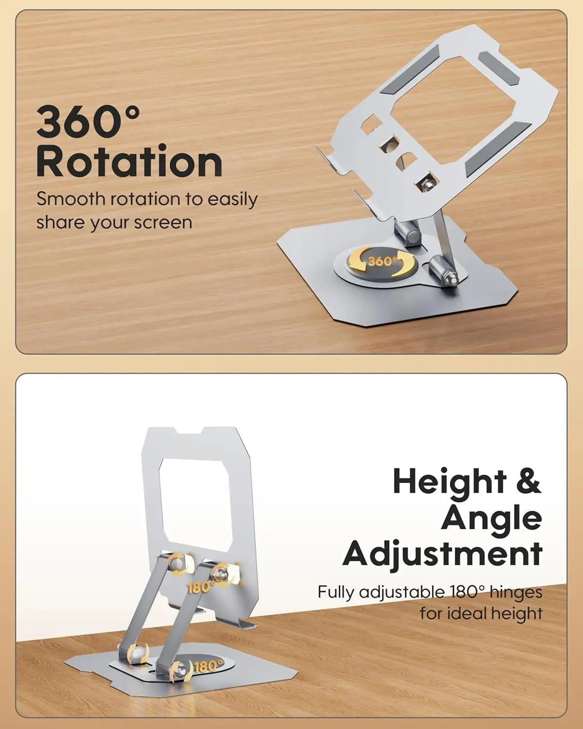 Screen sharing device with 360-degree rotation and height/angle adjustment on a wooden surface.