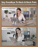 Comparison of using a tablet stand with and without it, showing a woman at her desk with and without the stand.